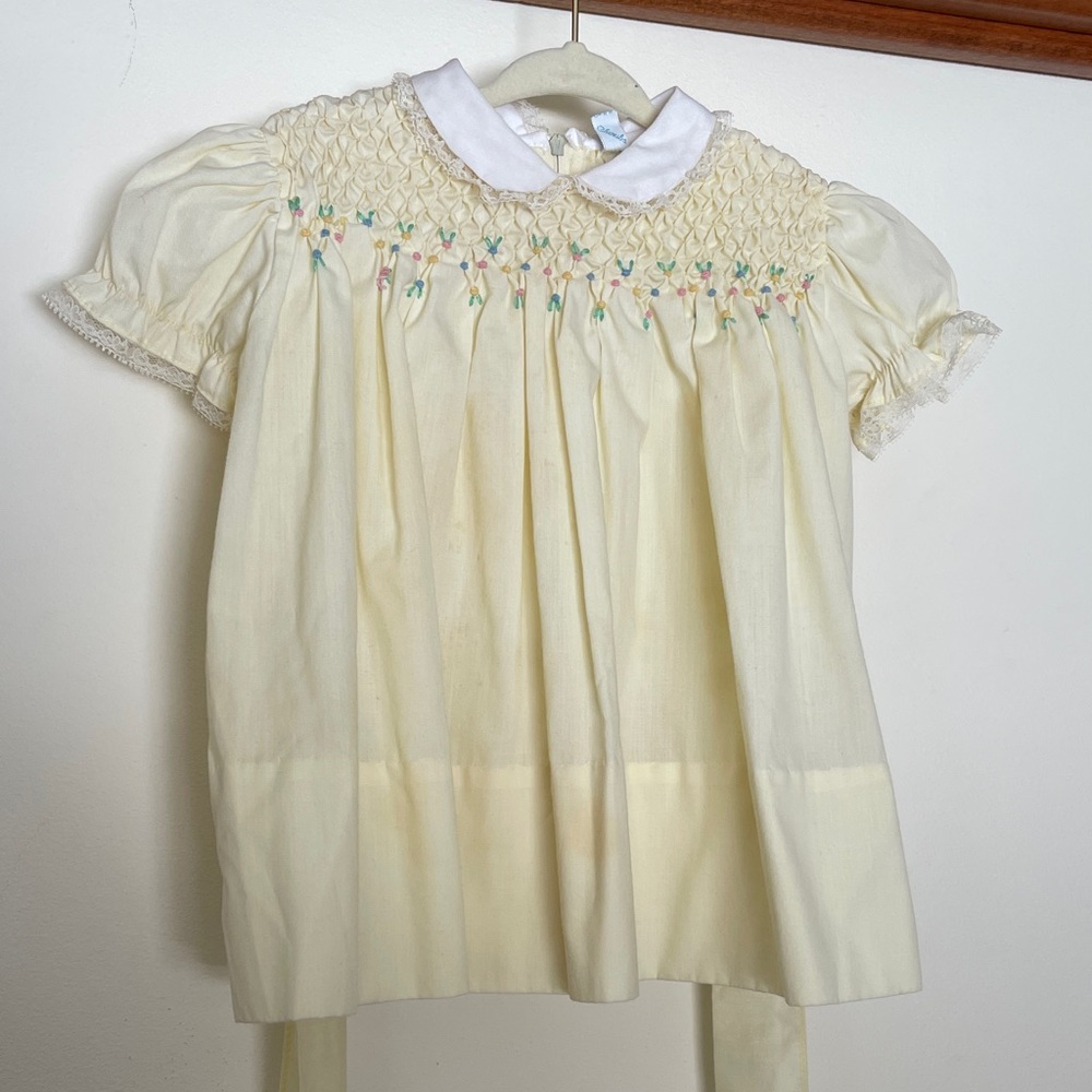 Vintage 50s yellow smocked top collared baby dress spring dress